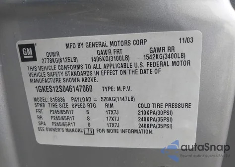 2004 GMC Envoy Xuv Sle z USA, uszkodzony, nr VIN 1GKES12S046147060